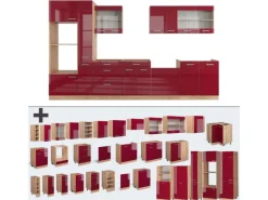 Outlet Vicco R-Line Küchenzeile Bordeaux Hochglanz/Goldkraft Eiche 350 cm mit Hochschrankohne Arbeitsplatte ohne E-Geräte Zubehör Für Küchenarmatur