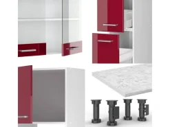 Clearance Vicco R-Line Küchenzeile Bordeaux Hochglanz/Weiß 350 cm mit Hochschrankohne Arbeitsplatte ohne E-Geräte Brilliant Bordeaux