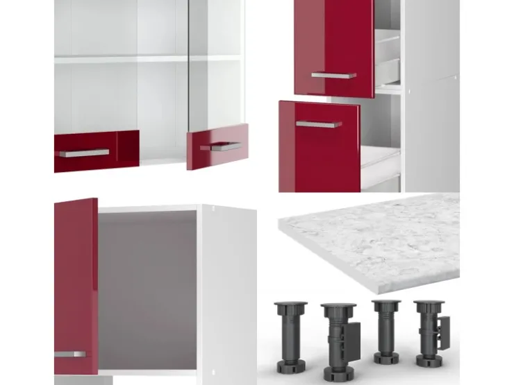 Clearance Vicco R-Line Küchenzeile Bordeaux Hochglanz/Weiß 350 cm mit Hochschrankohne Arbeitsplatte ohne E-Geräte Brilliant Bordeaux