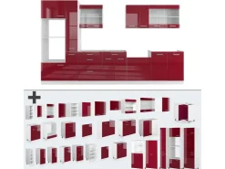Clearance Vicco R-Line Küchenzeile Bordeaux Hochglanz/Weiß 350 cm mit Hochschrankohne Arbeitsplatte ohne E-Geräte Brilliant Bordeaux
