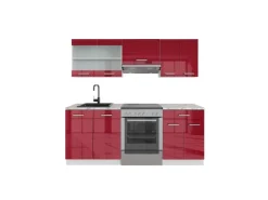 Einbauküchen<Vicco R-Line Küchenzeile Bordeaux Hochglanz/Weiß 200 cm AP Marmor ohne E-Geräte Brilliant Bordeaux