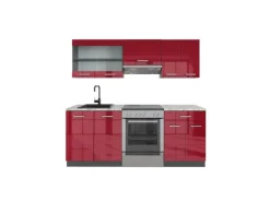 New Vicco R-Line Küchenzeile Bordeaux Hochglanz/Anthrazit 200 cm AP Marmor ohne E-Geräte Pantryküchen|Single-Küchen