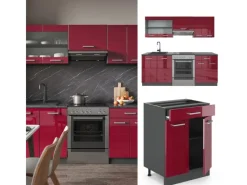 New Vicco R-Line Küchenzeile Bordeaux Hochglanz/Anthrazit 200 cm AP Marmor ohne E-Geräte Pantryküchen|Single-Küchen