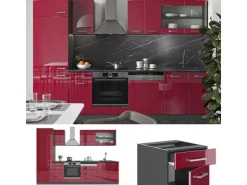 Sale Vicco R-Line Küchenzeile Bordeaux Hochglanz/Anthrazit 300 cm AP Anthrazit ohne E-Geräte Brilliant Bordeaux
