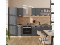Discount Vicco R-Line Küchenzeile Schwarz Beton/Goldkraft Eiche 300 cm AP Anthrazit ohne E-Geräte Einbauküchen