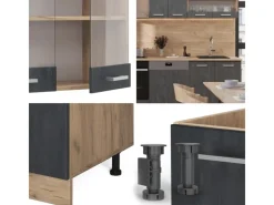 Discount Vicco R-Line Küchenzeile Schwarz Beton/Goldkraft Eiche 300 cm AP Anthrazit ohne E-Geräte Einbauküchen