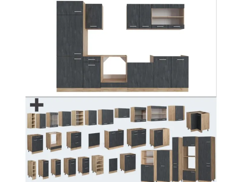 Discount Vicco R-Line Küchenzeile Schwarz Beton/Goldkraft Eiche 300 cm AP Anthrazit ohne E-Geräte Einbauküchen