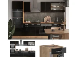 Einbauküchen<Vicco R-Line Küchenzeile /Goldkraft Eiche 300 cm mit HochschrankAP Eiche ohne E-Geräte Schwarz Hochglanz