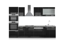 Sale Vicco R-Line Küchenzeile Schwarz Hochglanz 300 cm mit HochschrankAP Marmor ohne E-Geräte Einbauküchen