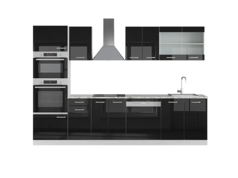 Sale Vicco R-Line Küchenzeile Schwarz Hochglanz 300 cm mit HochschrankAP Marmor ohne E-Geräte Einbauküchen