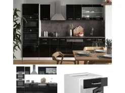 Sale Vicco R-Line Küchenzeile Schwarz Hochglanz 300 cm mit HochschrankAP Marmor ohne E-Geräte Einbauküchen