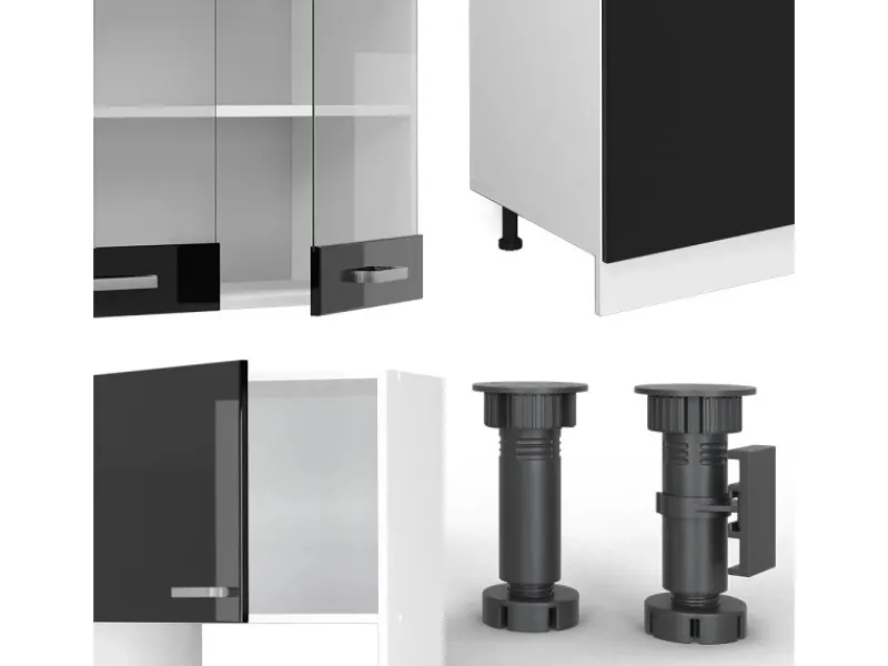Sale Vicco R-Line Küchenzeile Schwarz Hochglanz 300 cm mit HochschrankAP Marmor ohne E-Geräte Einbauküchen