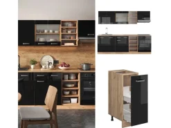 Einbauküchen<Vicco R-Line Küchenzeile /Goldkraft Eiche 240 cm AP Anthrazit ohne E-Geräte Schwarz Hochglanz
