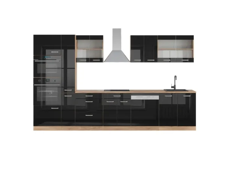 Best Vicco R-Line Küchenzeile /Goldkraft Eiche 350 cm mit Hochschrankohne Arbeitsplatte ohne E-Geräte Schwarz Hochglanz