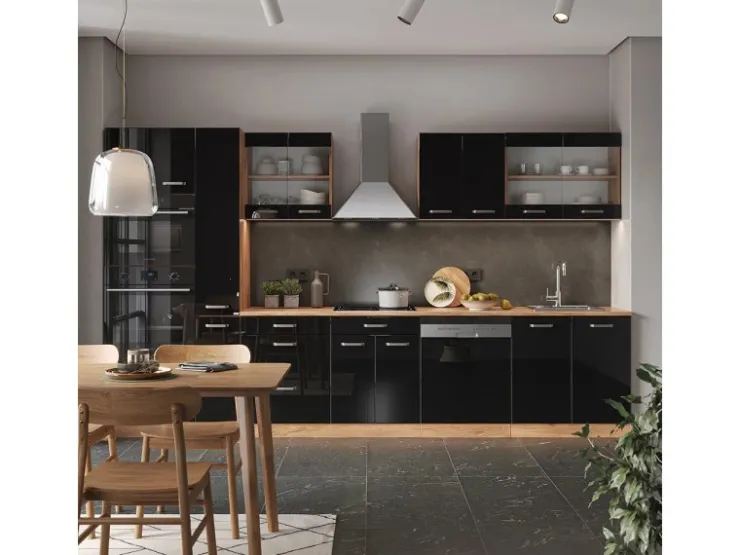 Best Vicco R-Line Küchenzeile /Goldkraft Eiche 350 cm mit Hochschrankohne Arbeitsplatte ohne E-Geräte Schwarz Hochglanz