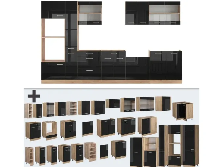 Best Vicco R-Line Küchenzeile /Goldkraft Eiche 350 cm mit Hochschrankohne Arbeitsplatte ohne E-Geräte Schwarz Hochglanz