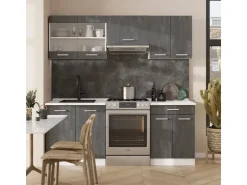 Outlet Vicco R-Line Küchenzeile Schwarz Beton/Weiß 200 cm AP Marmor ohne E-Geräte Beton Dunkelgrau