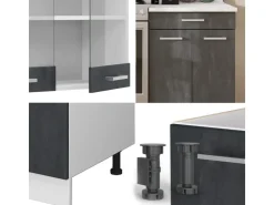 Outlet Vicco R-Line Küchenzeile Schwarz Beton/Weiß 200 cm AP Marmor ohne E-Geräte Beton Dunkelgrau