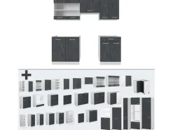 Outlet Vicco R-Line Küchenzeile Schwarz Beton/Weiß 200 cm AP Marmor ohne E-Geräte Beton Dunkelgrau