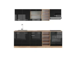 Hot Vicco R-Line Küchenzeile /Goldkraft Eiche 240 cm ohne Arbeitsplatte ohne E-Geräte Schwarz Hochglanz
