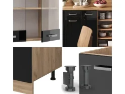 Hot Vicco R-Line Küchenzeile /Goldkraft Eiche 240 cm ohne Arbeitsplatte ohne E-Geräte Schwarz Hochglanz