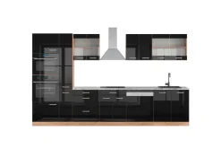 Kochfelder|Kühlschränke<Vicco R-Line Küchenzeile Schwarz-Eiche Hochglanz/Goldkraft Eiche 350 cm mit HochschrankAP Marmor ohne E-Geräte Schwarz Hochglanz