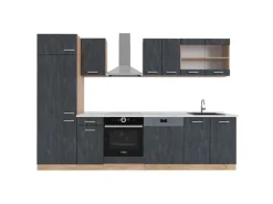 Hot Vicco R-Line Küchenzeile Schwarz Beton/Goldkraft Eiche 300 cm AP Marmor ohne E-Geräte Einbauküchen|Single-Küchen