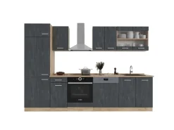 Einbauküchen<Vicco R-Line Küchenzeile Schwarz Beton/Goldkraft Eiche 300 cm AP Eiche ohne E-Geräte Beton Dunkelgrau