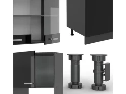 Einbauküchen<Vicco R-Line Küchenzeile /Anthrazit 300 cm mit HochschrankAP Marmor ohne E-Geräte Schwarz Hochglanz