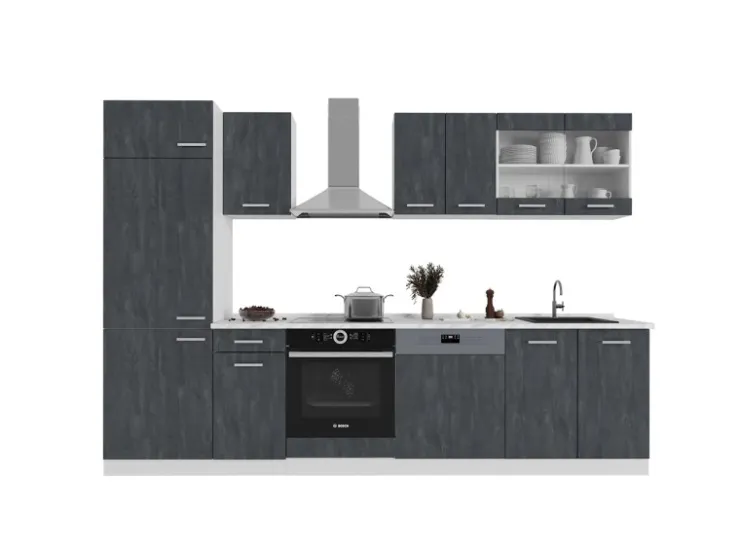 Outlet Vicco R-Line Küchenzeile Schwarz Beton/Weiß 300 cm AP Marmor ohne E-Geräte Beton Dunkelgrau