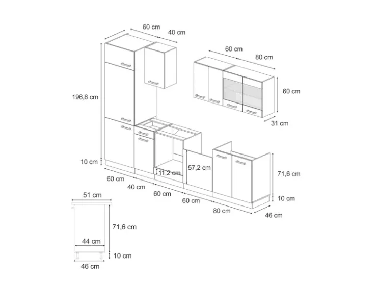 Outlet Vicco R-Line Küchenzeile Schwarz Beton/Weiß 300 cm AP Marmor ohne E-Geräte Beton Dunkelgrau