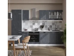 Outlet Vicco R-Line Küchenzeile Schwarz Beton/Weiß 300 cm AP Marmor ohne E-Geräte Beton Dunkelgrau