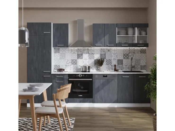 Outlet Vicco R-Line Küchenzeile Schwarz Beton/Weiß 300 cm AP Marmor ohne E-Geräte Beton Dunkelgrau