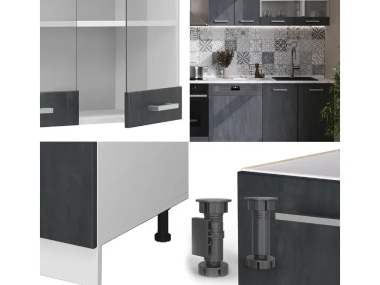 Outlet Vicco R-Line Küchenzeile Schwarz Beton/Weiß 300 cm AP Marmor ohne E-Geräte Beton Dunkelgrau