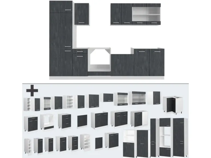 Outlet Vicco R-Line Küchenzeile Schwarz Beton/Weiß 300 cm AP Marmor ohne E-Geräte Beton Dunkelgrau