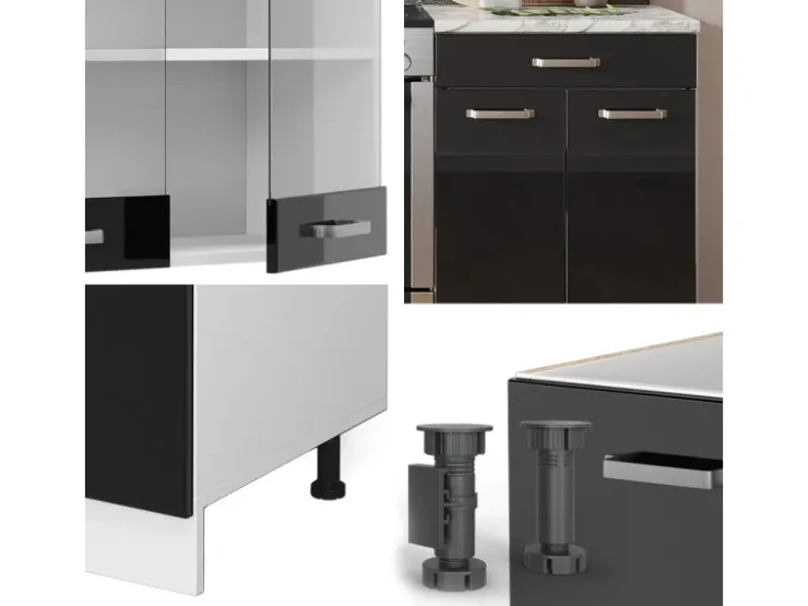 Küchenschränke<Vicco R-Line Küchenzeile /Weiß 200 cm AP Eiche ohne E-Geräte Schwarz Hochglanz