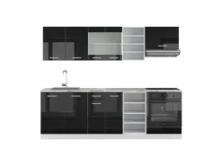 Single-Küchen<Vicco R-Line Küchenzeile 240 cm AP Marmor ohne E-Geräte Schwarz Hochglanz