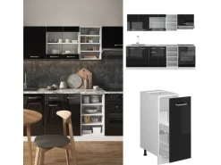 Single-Küchen<Vicco R-Line Küchenzeile 240 cm AP Marmor ohne E-Geräte Schwarz Hochglanz