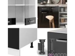 Single-Küchen<Vicco R-Line Küchenzeile 240 cm AP Marmor ohne E-Geräte Schwarz Hochglanz
