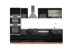 Clearance Vicco R-Line Küchenzeile /Goldkraft Eiche 300 cm mit HochschrankAP Anthrazit ohne E-Geräte Schwarz Hochglanz