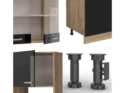 Clearance Vicco R-Line Küchenzeile /Goldkraft Eiche 300 cm mit HochschrankAP Anthrazit ohne E-Geräte Schwarz Hochglanz