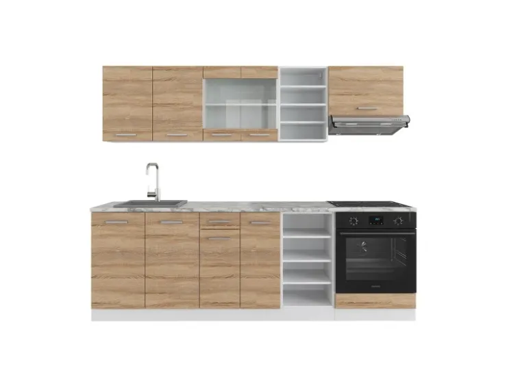 Einbauküchen<Vicco R-Line Küchenzeile Sonoma/Weiß 240 cm AP Marmor ohne E-Geräte Sonoma-Weiß