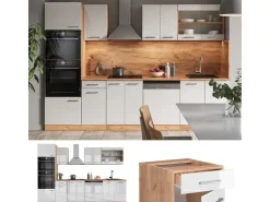 Vicco R-Line Küchenzeile Weiß Hochglanz/Goldkraft Eiche 300 cm mit HochschrankAP Anthrazit ohne E-Geräte Hochglanz Weiß