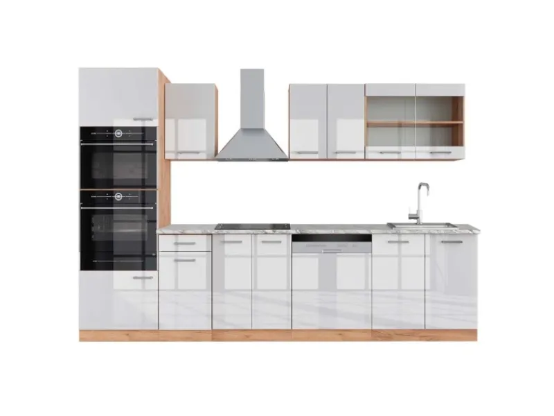 Discount Vicco R-Line Küchenzeile Weiß Hochglanz/Goldkraft Eiche 300 cm mit HochschrankAP Marmor ohne E-Geräte Einbauküchen