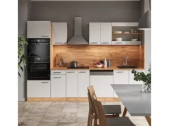 Discount Vicco R-Line Küchenzeile Weiß Hochglanz/Goldkraft Eiche 300 cm mit HochschrankAP Marmor ohne E-Geräte Einbauküchen