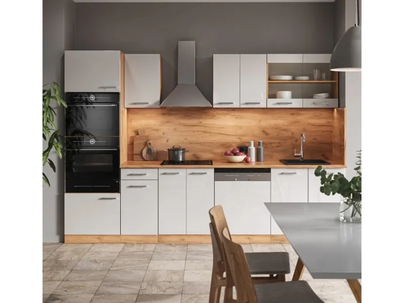 Discount Vicco R-Line Küchenzeile Weiß Hochglanz/Goldkraft Eiche 300 cm mit HochschrankAP Marmor ohne E-Geräte Einbauküchen