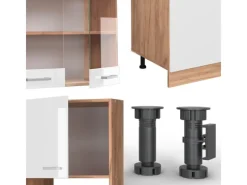 Discount Vicco R-Line Küchenzeile Weiß Hochglanz/Goldkraft Eiche 300 cm mit HochschrankAP Marmor ohne E-Geräte Einbauküchen