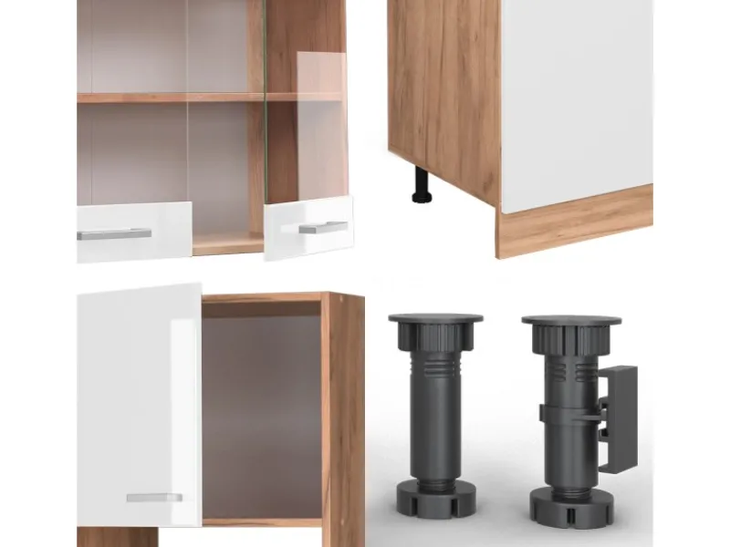 Discount Vicco R-Line Küchenzeile Weiß Hochglanz/Goldkraft Eiche 300 cm mit HochschrankAP Marmor ohne E-Geräte Einbauküchen