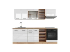 Clearance Vicco R-Line Küchenzeile Weiß Hochglanz/Goldkraft Eiche 240 cm ohne Arbeitsplatte ohne E-Geräte Hochglanz Weiß