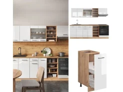 Clearance Vicco R-Line Küchenzeile Weiß Hochglanz/Goldkraft Eiche 240 cm ohne Arbeitsplatte ohne E-Geräte Hochglanz Weiß